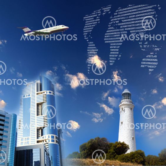Financial charts with lighthouse on the background