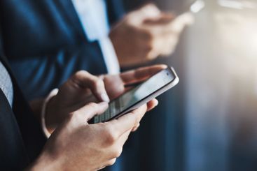 Business, hands and people typing with phone for text...