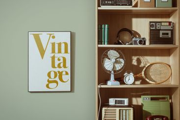Collectible vintage items on the shelves