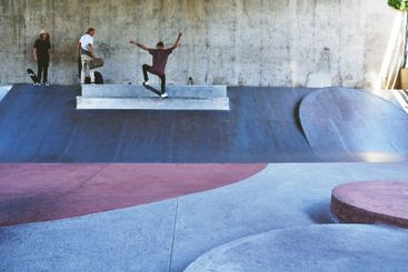 Culture, skateboard and ramp with man at park for urban,...