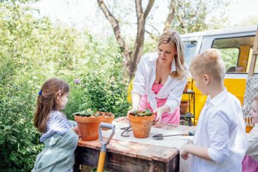 Young woman and her three children are planting flowers...