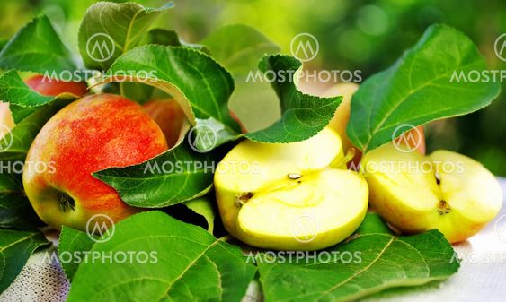 ripe red apple on table and green leaves