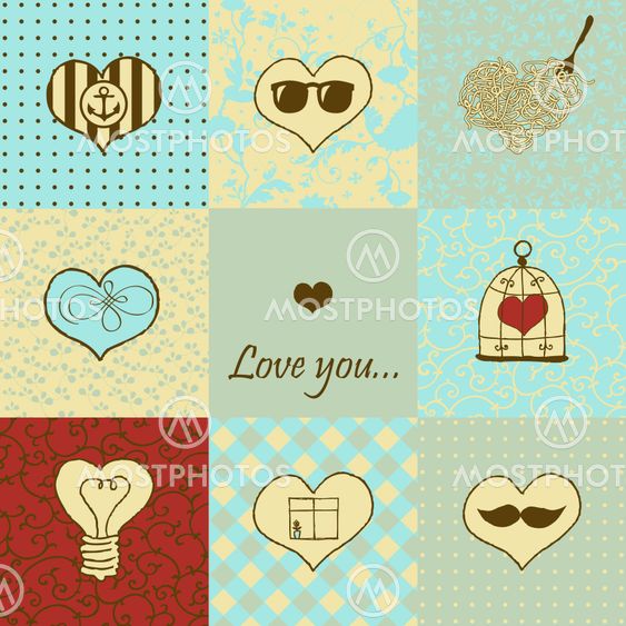 Stylish set of nine hand drawn hearts
