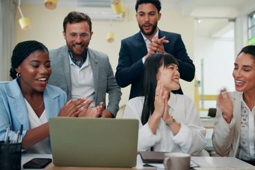 Business people, laptop and applause with celebration,...