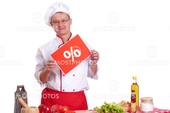 Chef holding a sign with an inscription percent