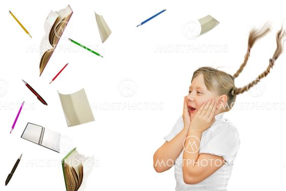 School girl looking surpised at school objects