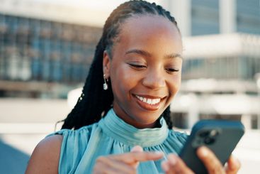 Smile, phone and business with black woman in city for...