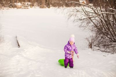 Little girl pulls a sled in warm winter day