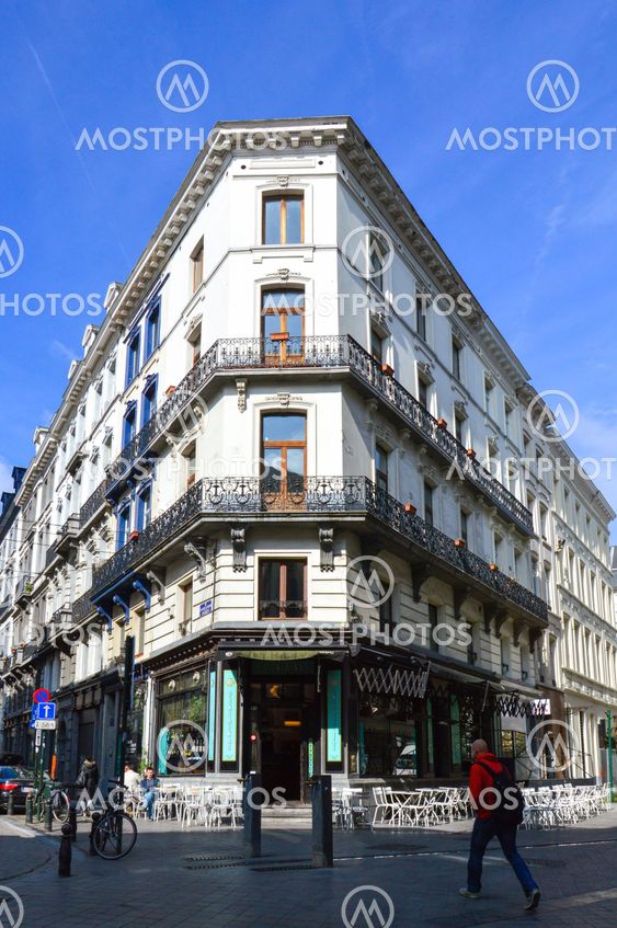 Brussels, Belgium - April 2015: Preserved old European-style residential and commercial buildings on streets of Brussels City, Belgium