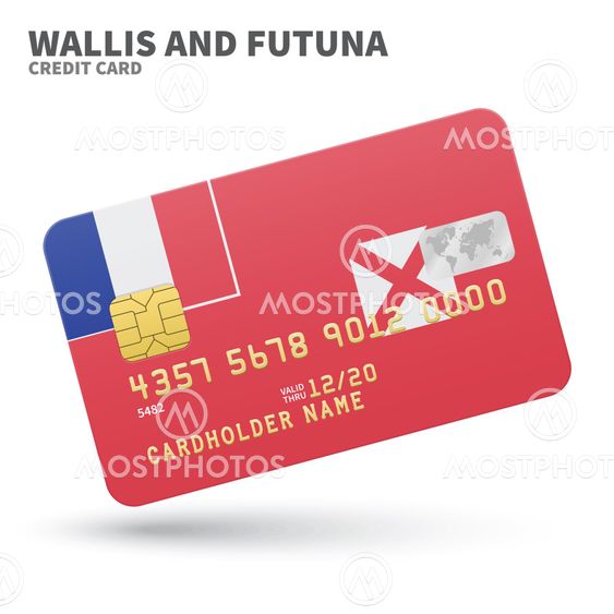 Credit card with Wallis and Futuna flag background for bank, presentations, business. Isolated on white