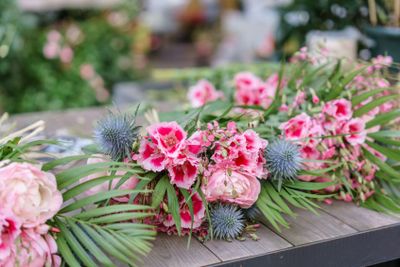 beautiful bouquet in flower shop. outdoor working in...