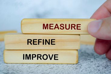 Measure, Refine and Improve text on wooden blocks....