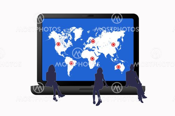 Silhouettes people with laptop has a map