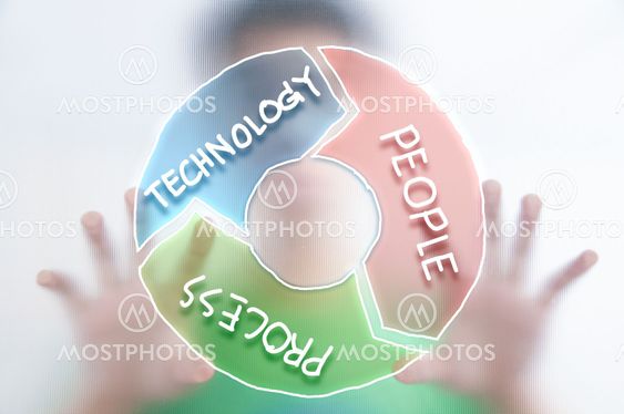 Man pushing the business word cloud on transparent screen