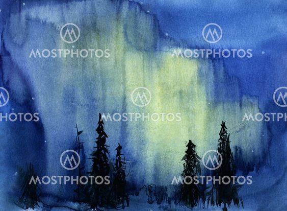 Hand drawn illustration of night view with northern lights