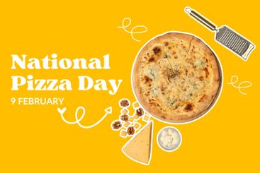 Pizza day, pizza with cuts on a yellow background