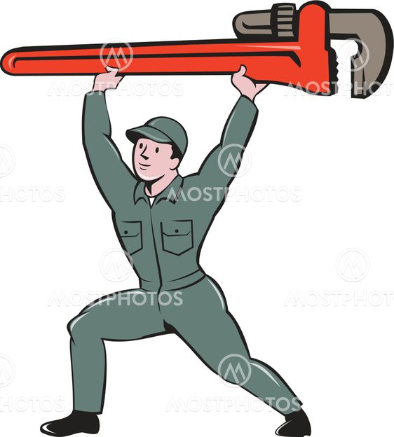 Plumber Lifting Monkey Wrench Cartoon