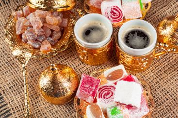 Traditional Turkish coffee and Turkish delight. creative...