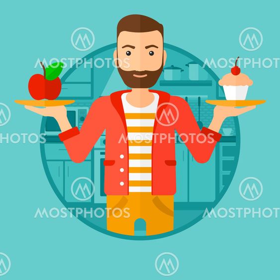 Man choosing between apple and cupcake.