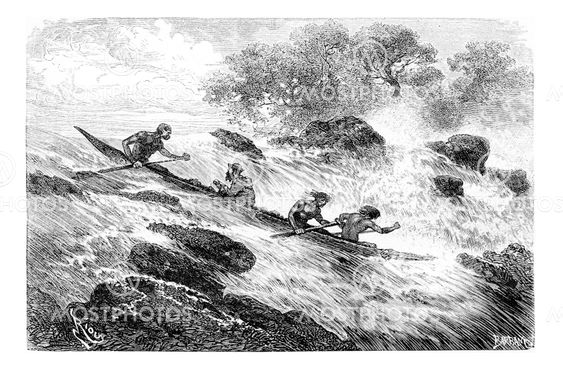 Navigating the Rapids in Oiapoque, Brazil, vintage engraving