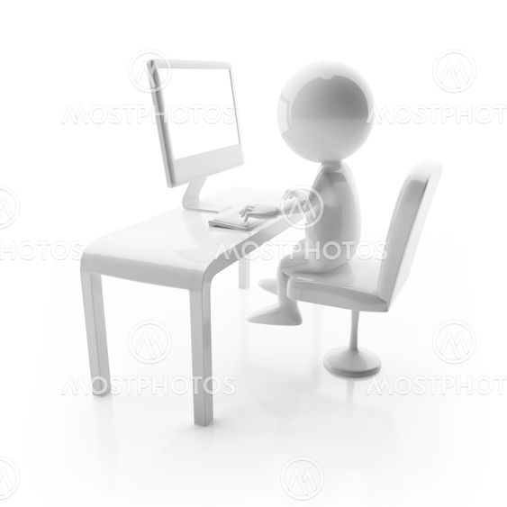 3D glossy character working on computer