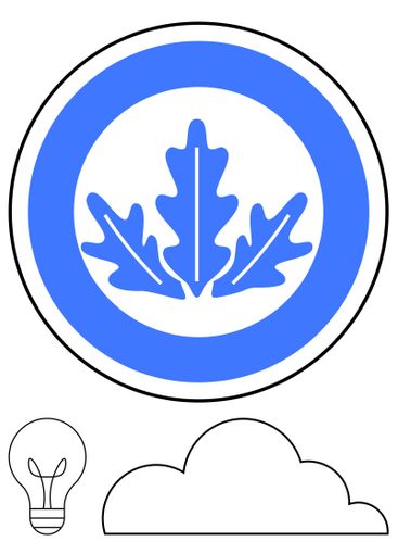 Blue leaf emblem framed in circle with lightbulb and...