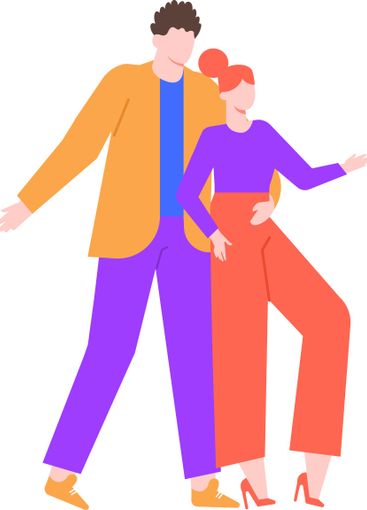 Young couple walking together with arms wide open,...