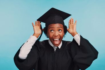Black woman, graduation cape and happy in studio,...