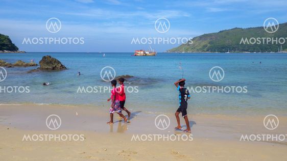 children, resting at the tropical beach, running kids