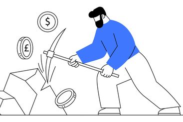 Man mining currency symbols from rocks, representing...