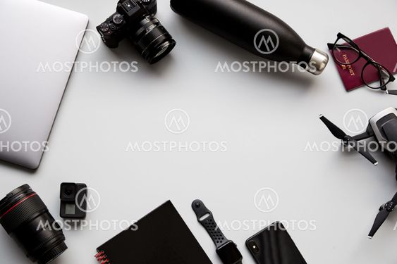 Flat Lay Shot Of Techno Items For Traveller With...