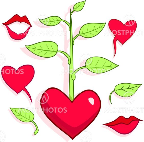 Love's patterns, hearts, lips, tree and leaves.