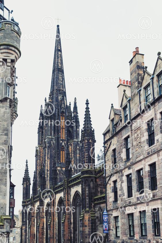 Edinburgh, Scotland - April 2018: Tron Kirk, former gothic church, now functioned as The Hub, venue for various events and festivals on Royal Mile, touristic street of Old Town Edinburgh City in Scotland, UK