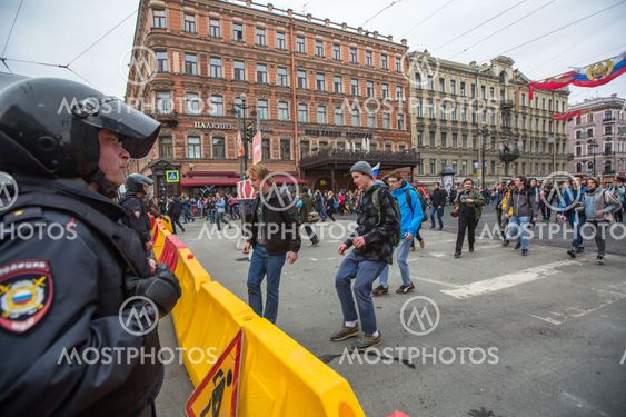 Police officers in riot gear block an Nevsky prospect...