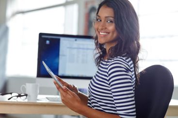 Woman, portrait and professional with tablet in office,...