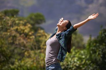 Freedom, joy and relax for woman in outdoor, garden or...