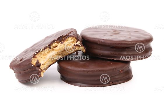 Bitten biscuit sandwich with chocolate.