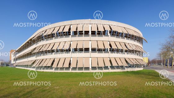 building with sunshades