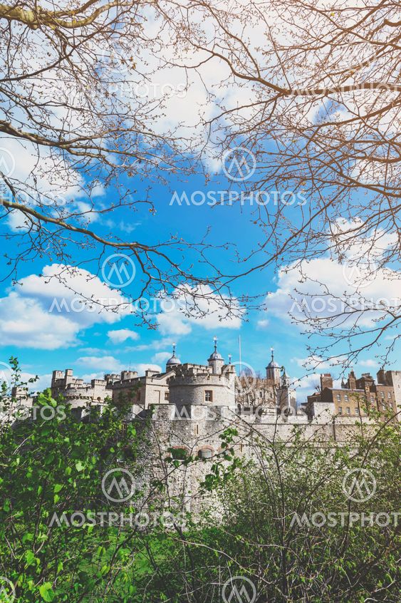 London, UK - April 2018: Exterior view of Her Majesty's Royal Palace and Fortress of the Tower of London, a historic castle and popular tourist attraction located on the north bank of the River Thames in central London, England