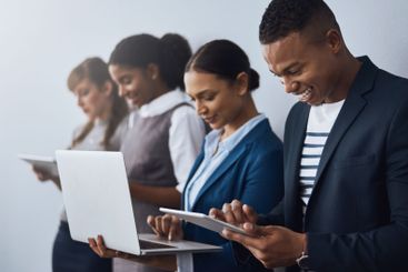 Technology, apply or happy business people waiting for...