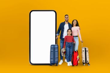 Family travelers with a digital phone template