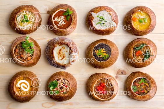 Twelve Soup Varieties Served in Bread Bowls