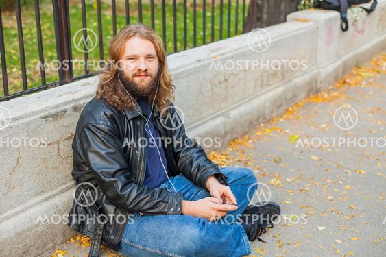 Blond Beard Young Adult Hipster Man Listening Music