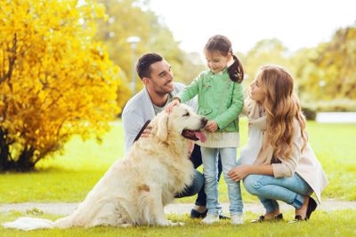 happy family with labrador retriever dog in park