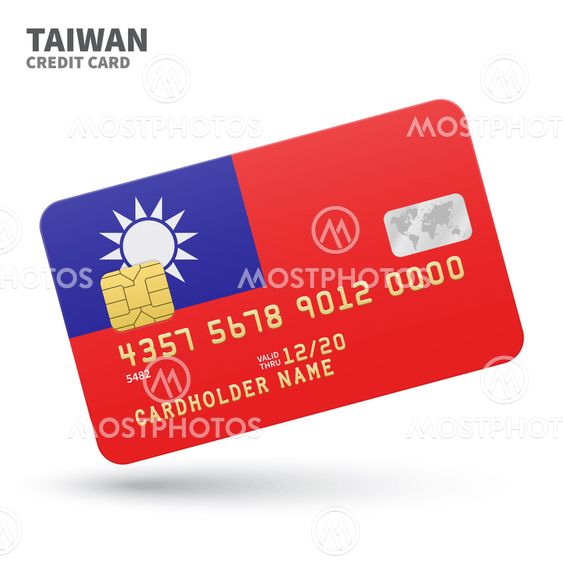 Credit card with Taiwan flag background for bank, presentations and business. Isolated on white