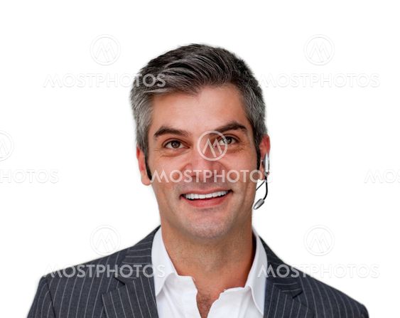 Confident businessman with headset on
