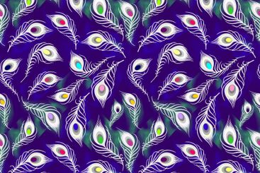 seamless pattern of white peacock feathers on a blue...