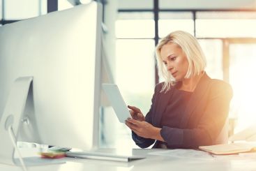 Real estate agent, tablet or businesswoman in workplace...