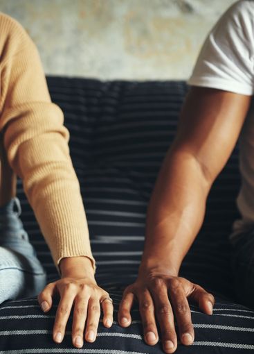 Couple, hands and breakup in home, closeup and...