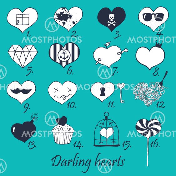 Set of stylized hand drawn hearts